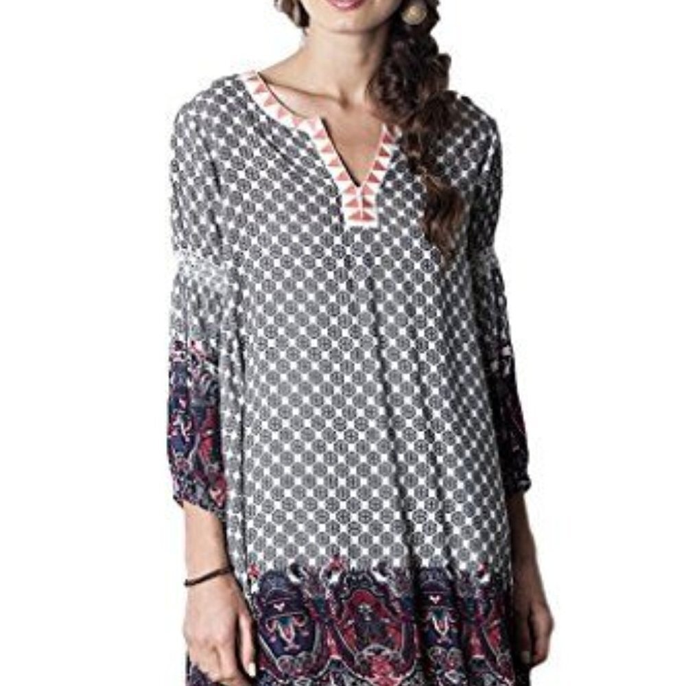 Umgee Embroidered V-neck Boho Paisley Mixed Print Tunic Short Dress Size M